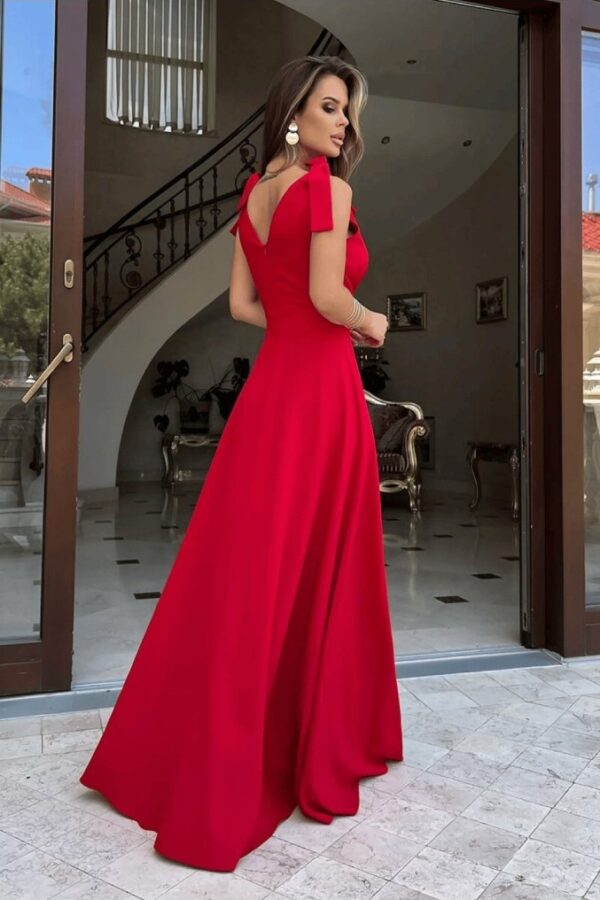 Kadın Askılı Omuzdan Bağlamalı Kruvaze Yakalı Uzun Yırtmaçlı Janjan Krep Elbise