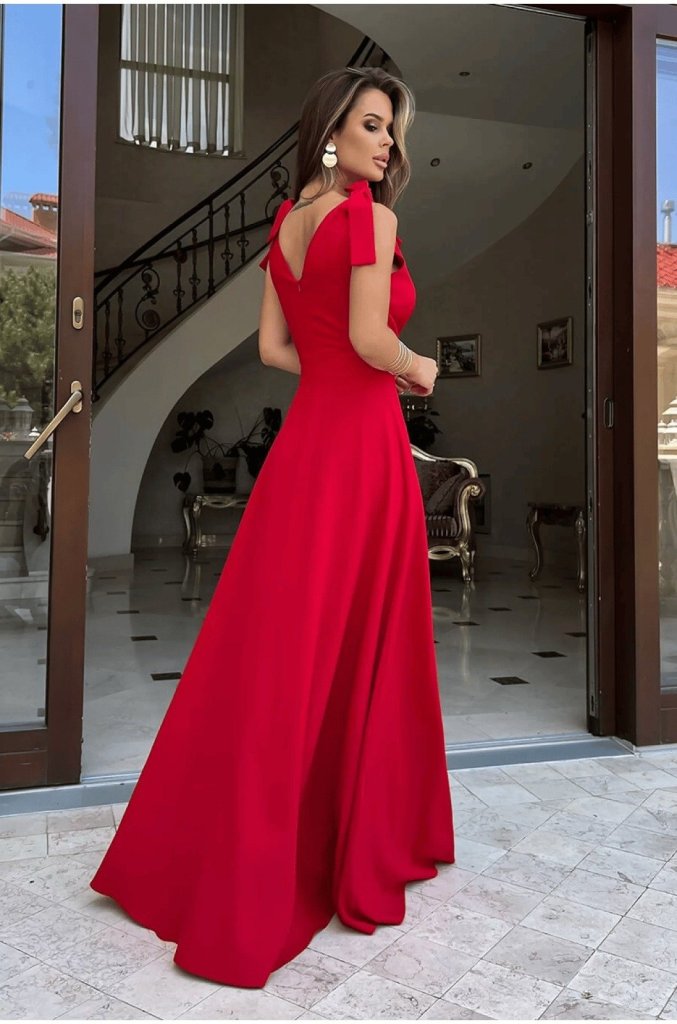 Kadın Askılı Omuzdan Bağlamalı Kruvaze Yakalı Uzun Yırtmaçlı Janjan Krep Elbise - Görsel 6