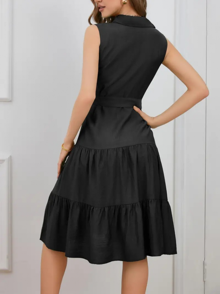 Kadın Kısa Kollu Gömlek Yaka Düğmeli Beli Kuşaklı Katlı Dokuma Midi Elbise - Görsel 3