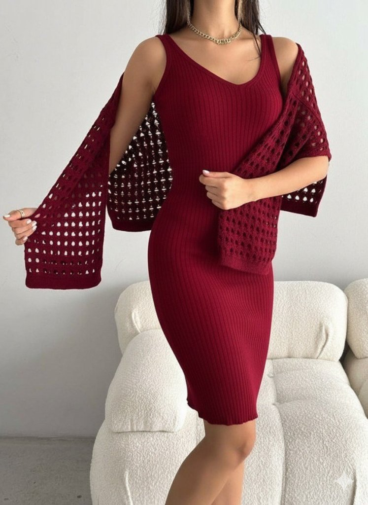 Kadın Uzun Kollu Delikli Kazak Askılı Elbise Triko Ikili Takım - Görsel 4