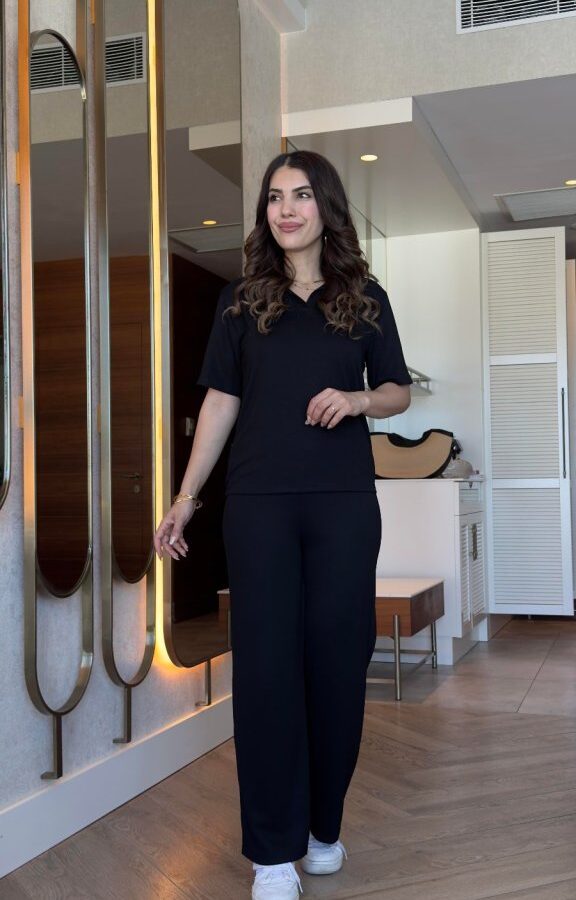 Kadın Kısa Kollu Yakalı Viskon Iki Iplik Bluz Ve Pantolon Ikili Takım