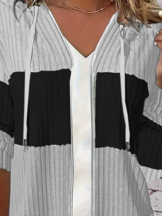 Kadın Uzun Kollu Kapşonlu önden Fermuarlı Blok Desenli şardonlu Kaşkorse Ceket - Görsel 2