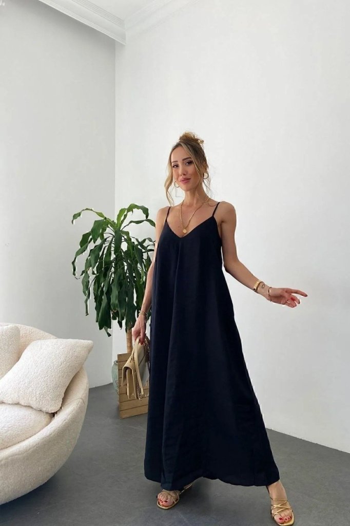 Kadın Ip Askılı V Yakalı Uzun Aerobin Elbise - Görsel 5