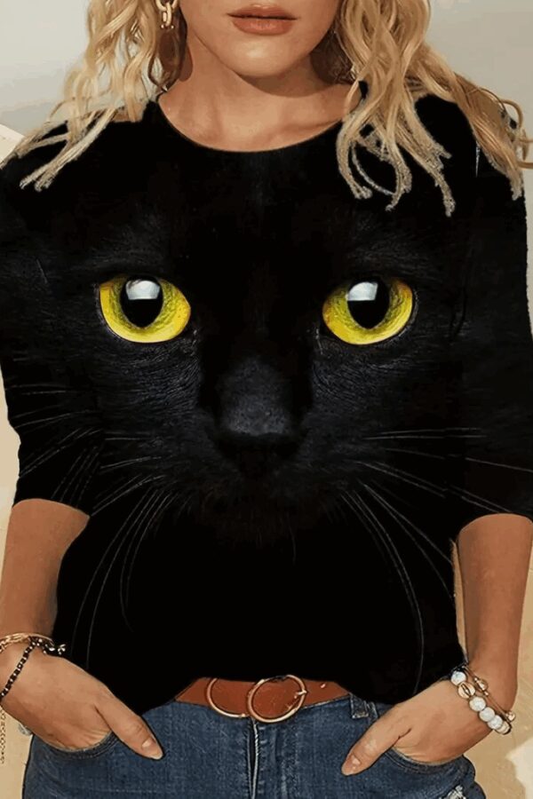 Kadın Uzun Kollu Bisiklet Yaka Kedi Desenli Süprem Bluz