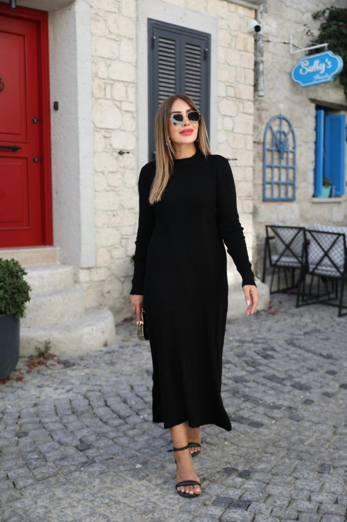 Kadın Uzun Kollu Yarı Balıkçı Yaka Arkadan Pencere Detaylı Bağcıklı Midi Triko Elbise - Görsel 3