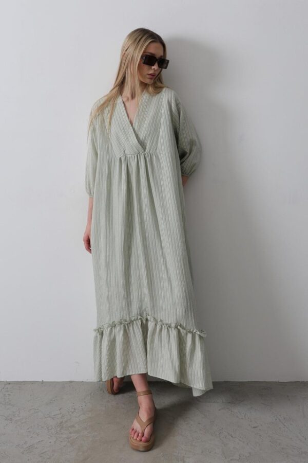 Çizgili Oversize V Yaka Elbise - Haki