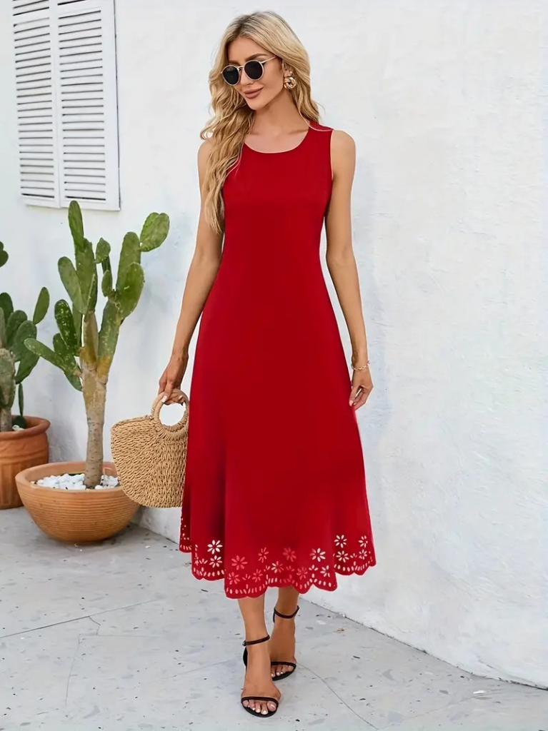 Kadın Kolsuz Etek Ucu Lazer Kesim çiçek Desenli Midi Boy Janjan Krep Elbise - Görsel 22