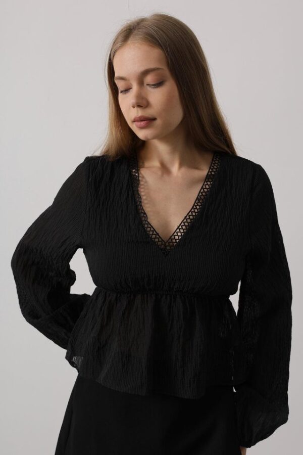 V Yaka Dantelli Bluz - Bordo