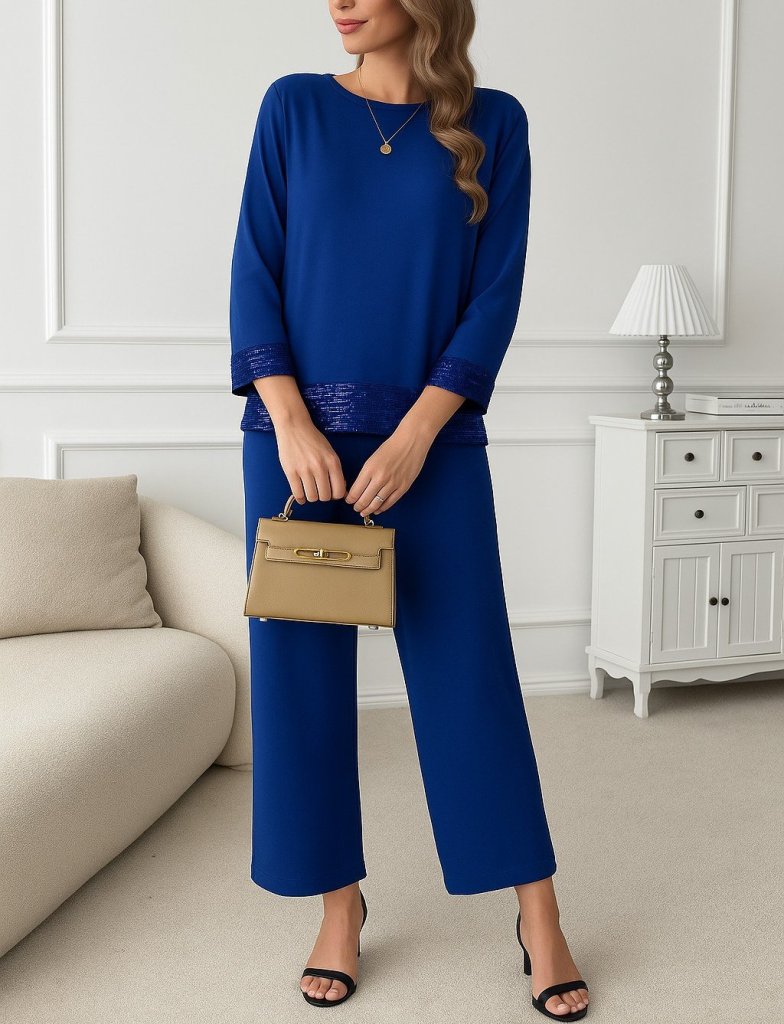 Kadın Uzun Kollu Bisiklet Yaka Pulpayetli Viskon Iki Iplik Bluz Ve Pantolon Ikili Takım - Görsel 3