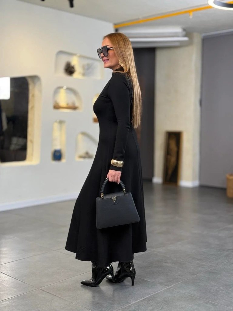 Kadın Balıkçı Yaka Damla Detaylı Yırtmaçlı Uzun Viskon Iki Iplik Maxi Elbise - Görsel 7