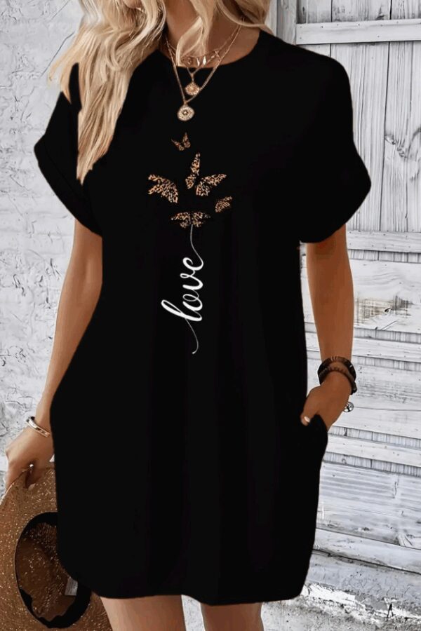 Kadın Kısa Kollu Bisiklet Yaka Cepli Kelebek Baskılı Viskon Elbise