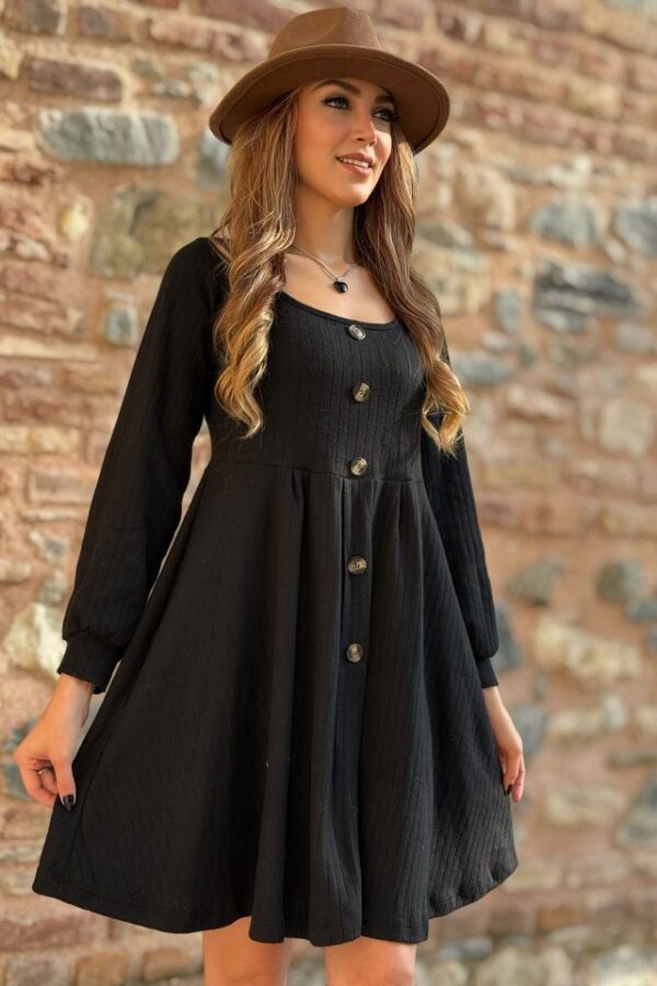 Kadın Uzun Kollu Kare Yaka önden Düğmeli Midi şardonlu Kaşkorse Elbise