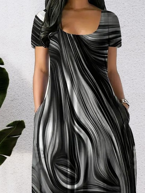 Kadın Kısa Kollu Yuvarlak Yaka Cepli Salaş Baskılı Süprem Elbise - Görsel 3