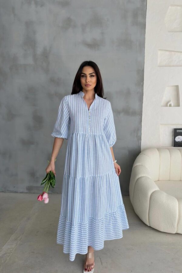 ÇİZGİLİ KETEN HAKİM YAKA DÜĞMELİ SALAŞ ELBİSE - Mavi