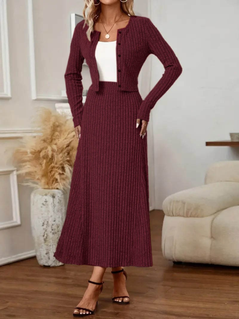 Kadın Uzun Kollu önden Düğmeli Bluz Ve Yüksek Bel A Kesim Uzun Etek şardonlu Kaşkorse Ikili Takım - Görsel 7