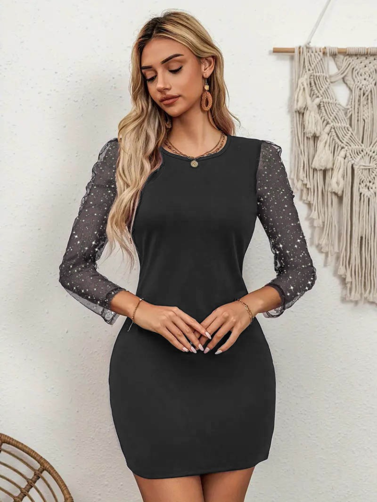 Kadın Bisiklet Yaka Kol Tül Detay Dalgıç Mini Boy Elbise - Görsel 3