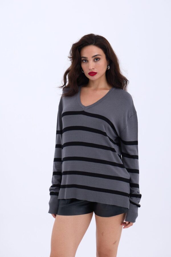 4203 TRİKO V YAKA ÇİZGİLİ BASİC SALAŞ-ANTRASİT-SİYAH