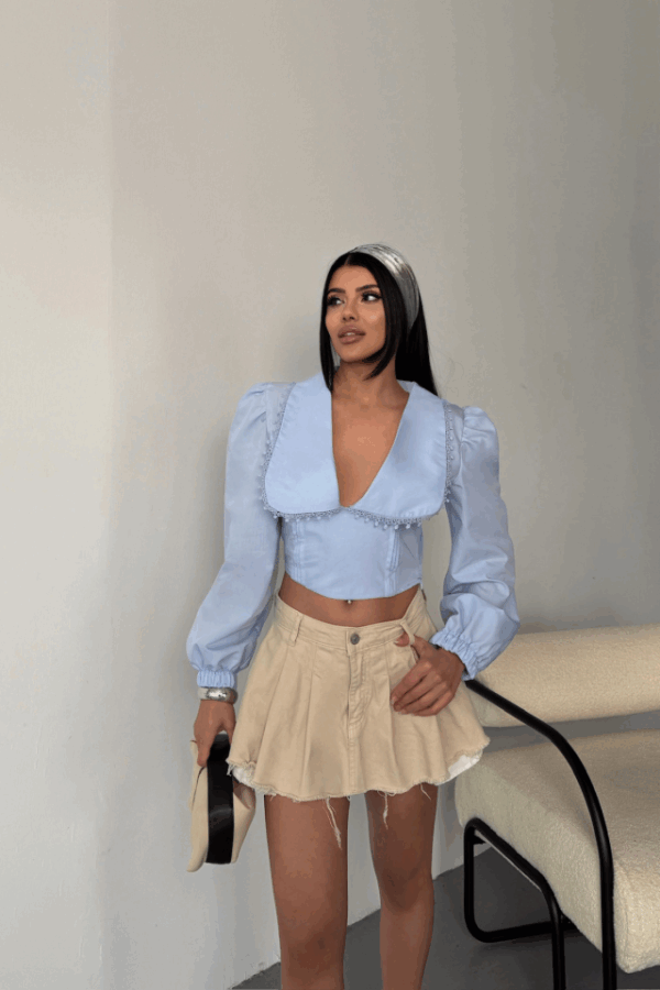 CROP POPLİN GÖMLEK YAKA KENAR DANTEL DETAYLI - Bebe Mavi