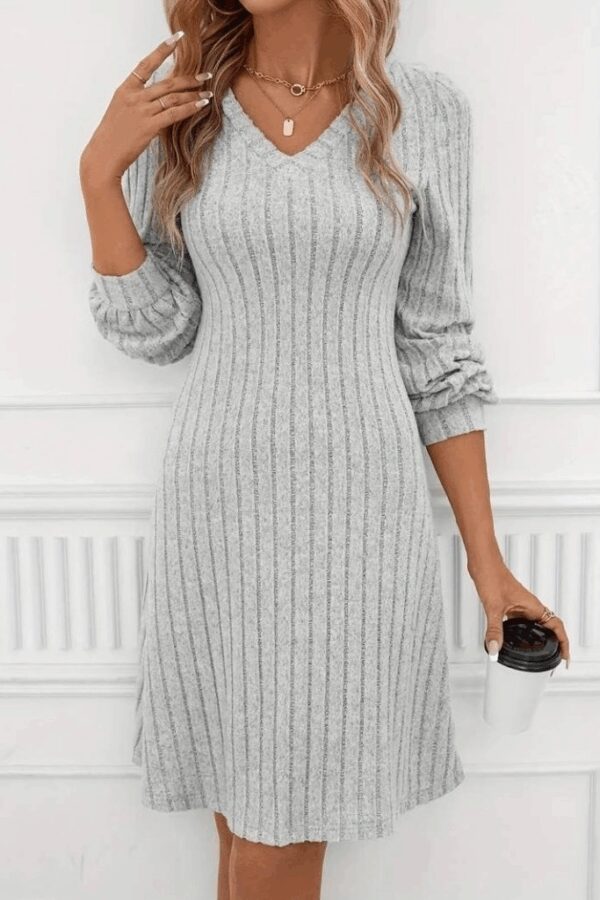 Kadın Uzun Kollu V Yaka Uzun Kol şardonlu Kaşkorse Midi Elbise