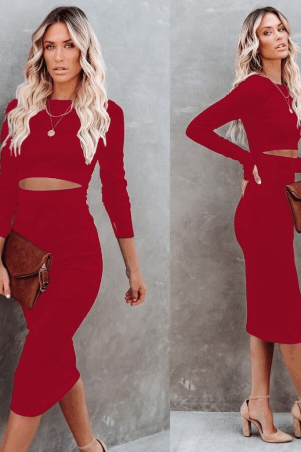 Kadın Uzun Kollu Bisiklet Yaka Bel Dekolteli Krep Midi Boy Elbise