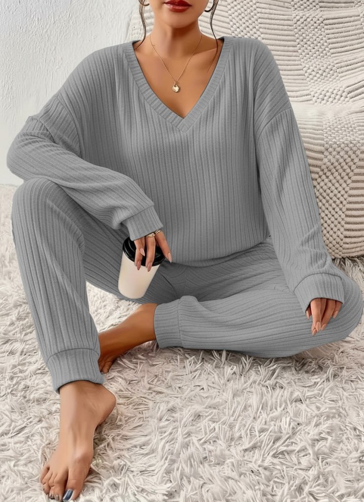 Kadın Uzun Kollu V Yakalı Kaşkorse Bluz Ve Pantolon Ikili Takım - Görsel 6