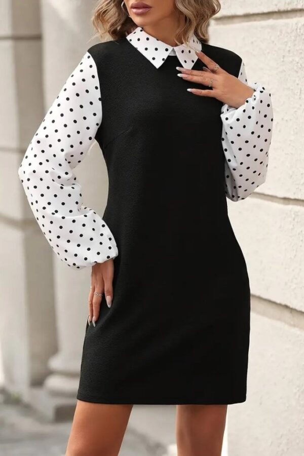 Kadın Uzun Kollu Yakalı Kol Ve Yaka Puantiye Detaylı Ithal Krep Elbise