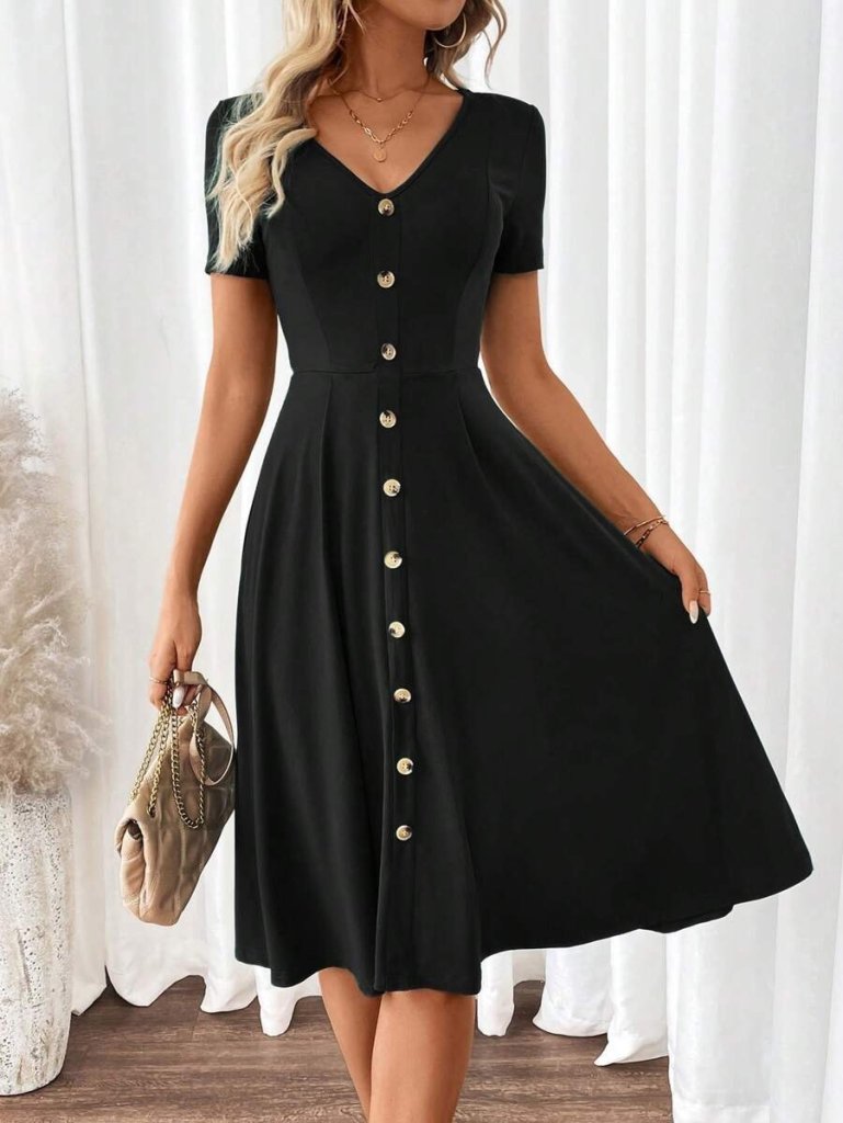 Kadın Kısa Kollu V Yakalı önden Düğmeli A Kesim Dokuma Elbise - Görsel 8