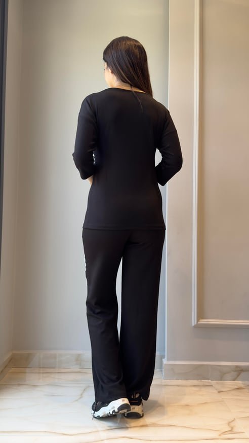 Kadın Uzun Kollu Truvakar Kol Tek Omuz çapraz şerit Detaylı Ribanalı Viskon Iki Iplik Bluz Ve Pantolon Ikili Takım - Görsel 9