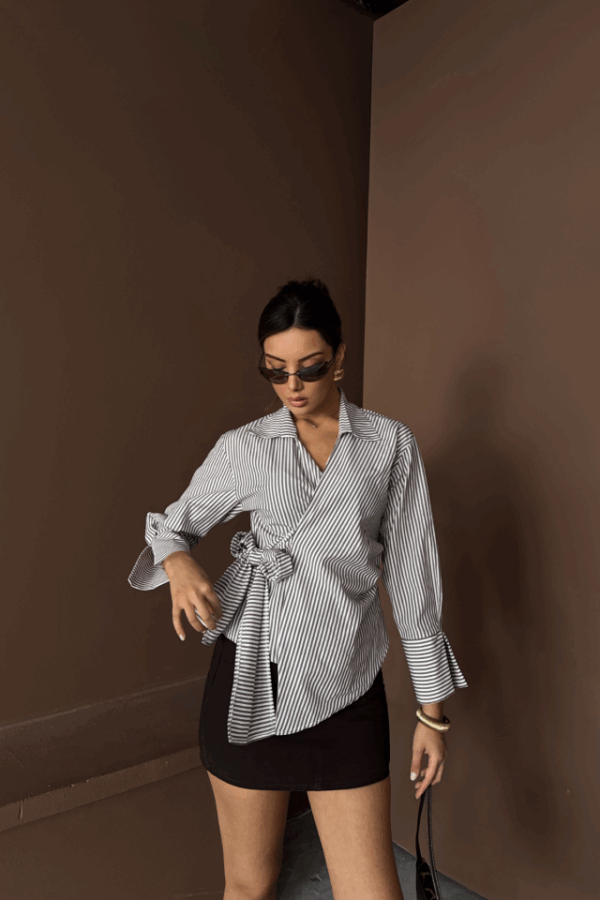 ÇİZGİLİ POPLİN KRUVAZE BAĞLAMALI GÖMLEK - Kahverengi