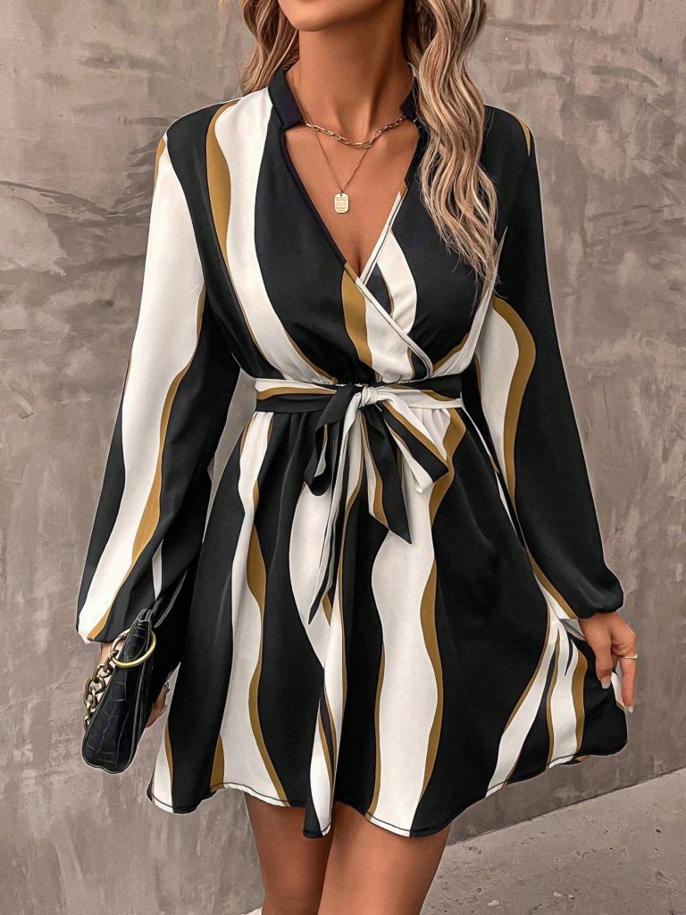 Kadın Uzun Kollu Kruvaze Yakalı Desenli Modal Mini Elbise - Görsel 7