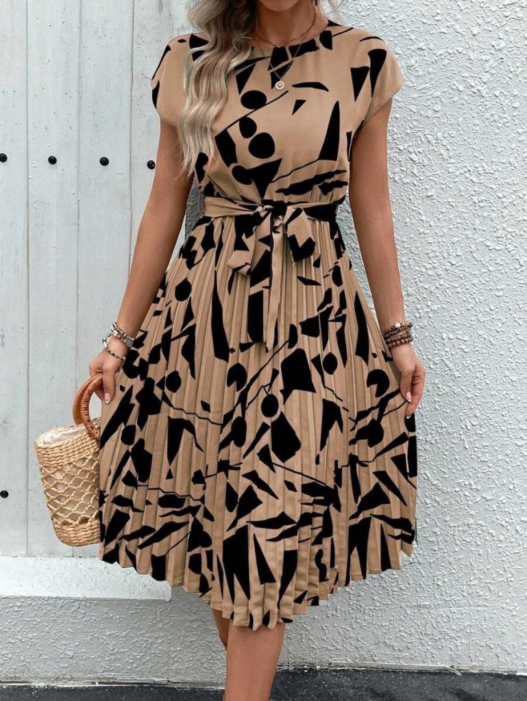 Kadın Kısa Yarasa Kollu Yuvarlak Yaka Beli Büzgülü Süprem Elbise - Görsel 13