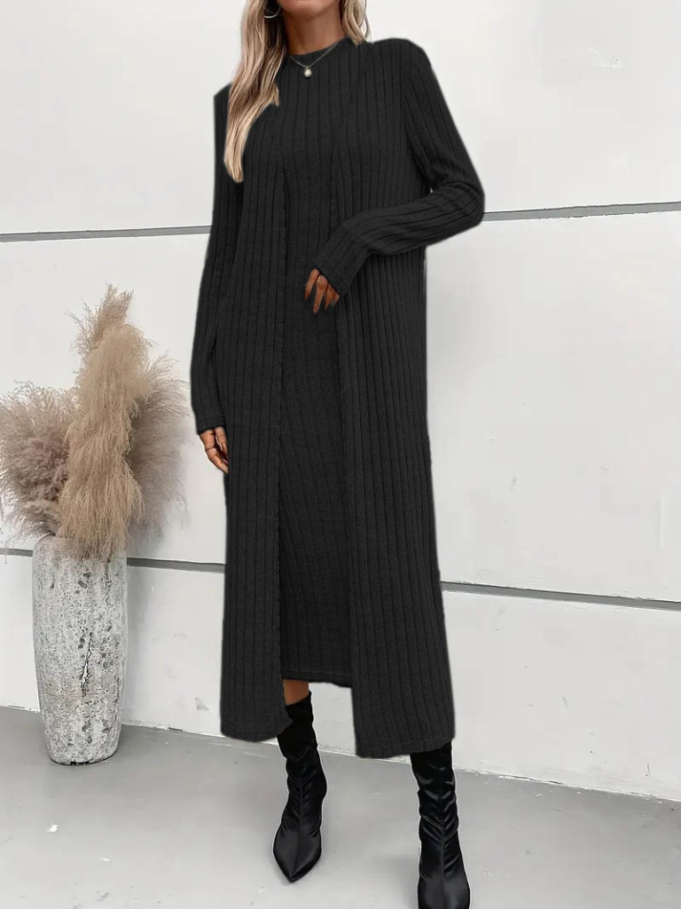 Kadın Uzun Kollu Yarı Balıkçı Yaka şardonlu Dalgıç Elbise Ve Uzun Hırka Ikili Takım - Görsel 8