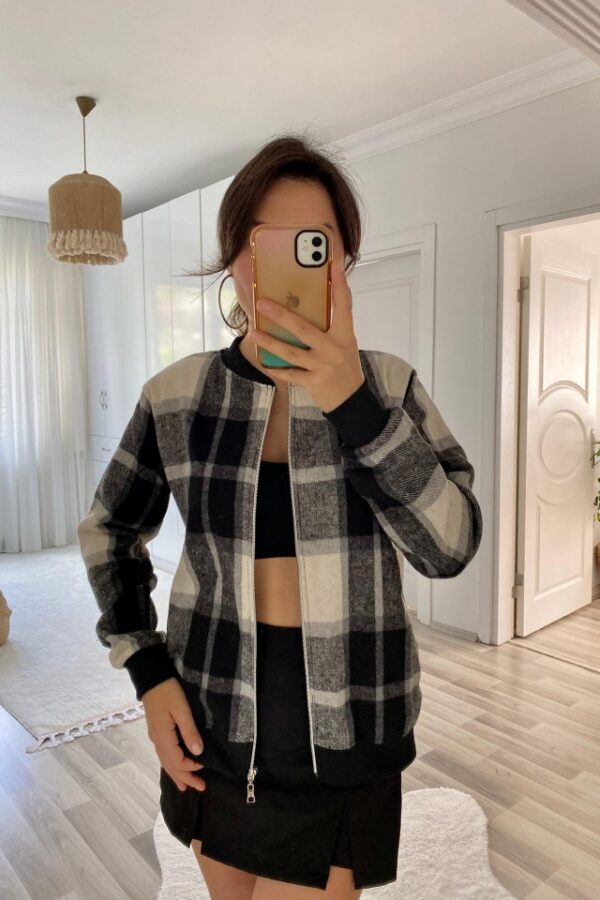 Kadın Uzun Kollu önden Fermuarlı Ekose Desenli Ceket