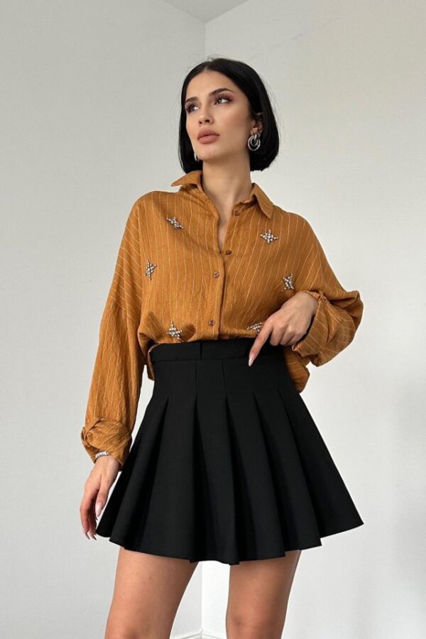 Kahverengi Çizgili Kristal Taşlı Klasik Gömlek