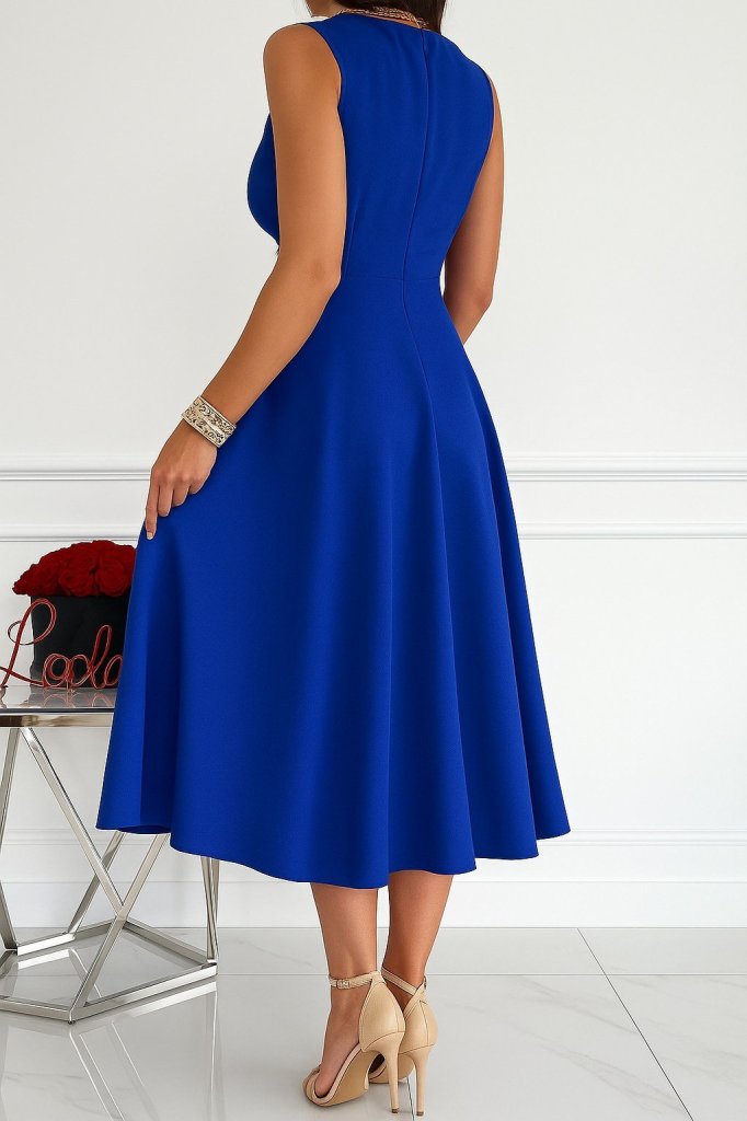 Kadın Ithal Krep Kumaş Kruvaze Yaka Eteği Kloş Kolsuz Mini Elbise - Görsel 13