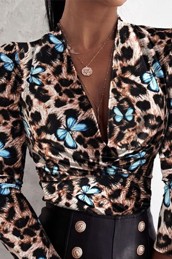 Kadın Uzun Kollu Kruvaze Yakalı Kelebek Desenli şardonlu Dalgıç Bluz