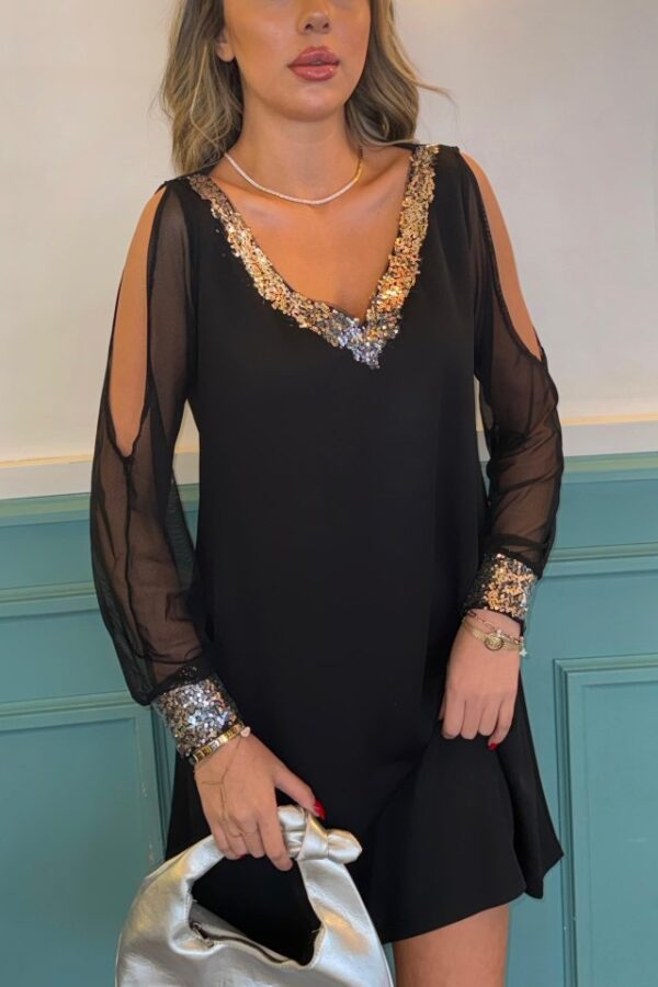 Kadın Siyah Uzun Kollu Kollar Tül Yırtmaçlı V Yakalı Kısa Krep Elbise