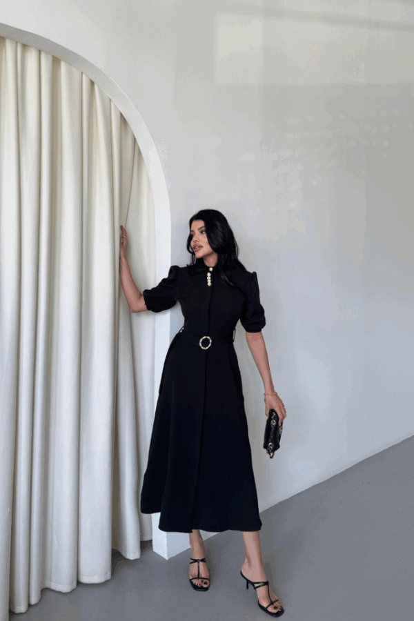 YAKA DÜĞME DETAYLI ELBİSE - Siyah
