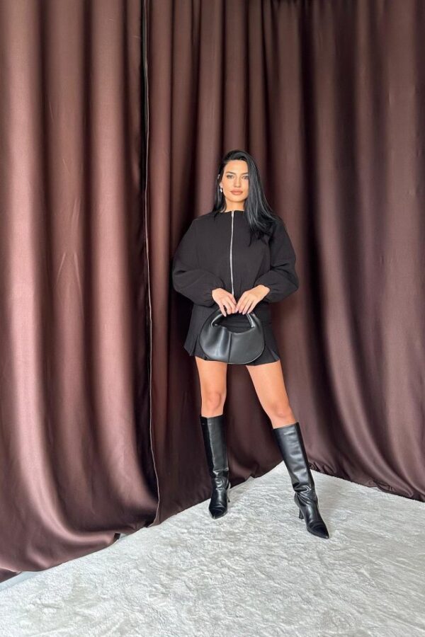 Siyah Kısa Önü Fermuarlı Bomber Ceket