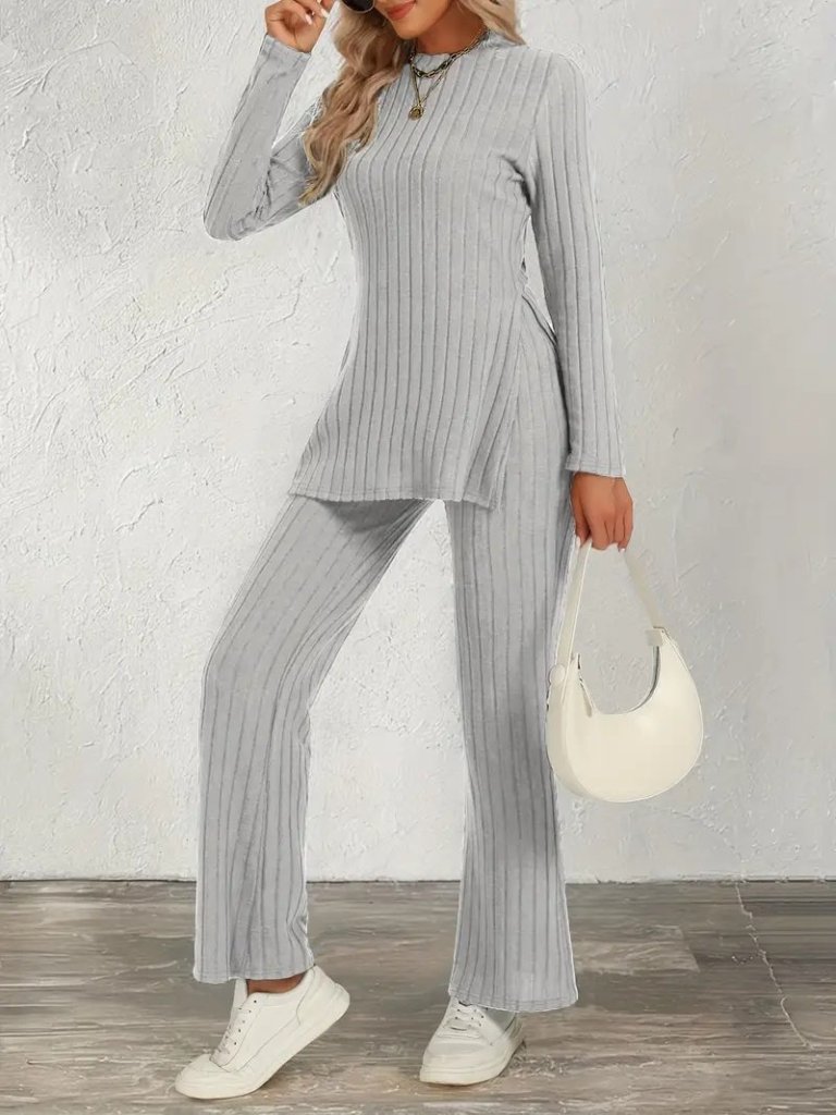 Kadın Uzun Kollu Bisiklet Yaka Yandan Yırtmaçlı şardonlu Kaşkorse Bluz Ve Pantolon Ikili Takım - Görsel 12