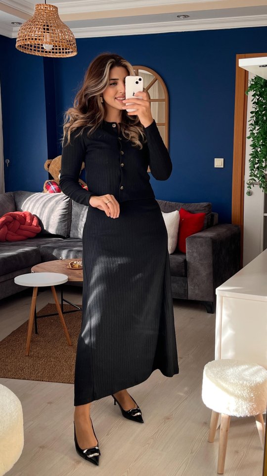 Kadın Uzun Kollu önden Düğmeli Bluz Ve Yüksek Bel A Kesim Uzun Etek şardonlu Kaşkorse Ikili Takım - Görsel 7