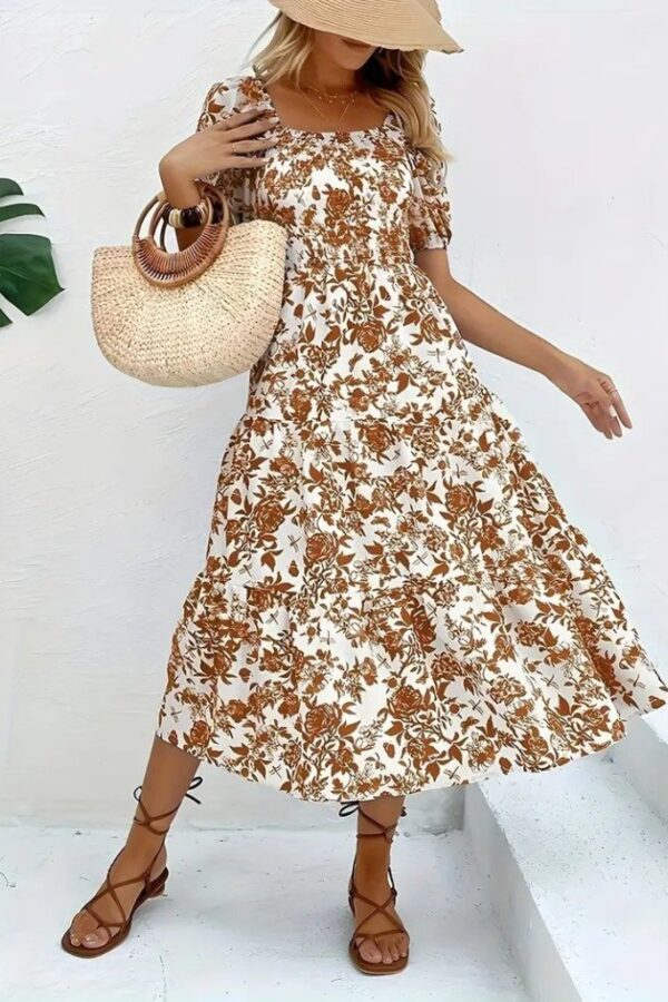 Kadın Kısa Kollu Kare Yakalı Lastikli Desenli Süprem Elbise