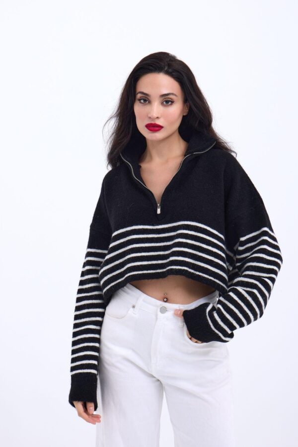 43311 TRİKO ÇİZGİLİ FERMUARLI CROP-SİYAH-EKRU