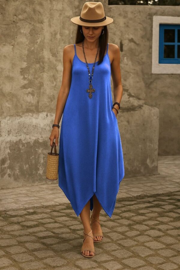 Kadın Askılı V Yakalı Cep Detaylı Asimetrik Kesim Detaylı Viskon Elbise