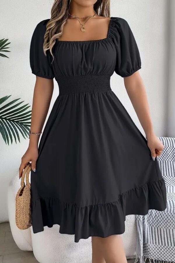 Kadın Kısa Kollu Kare Yakalı Beli Lastikli Kısa Trikoton Elbise