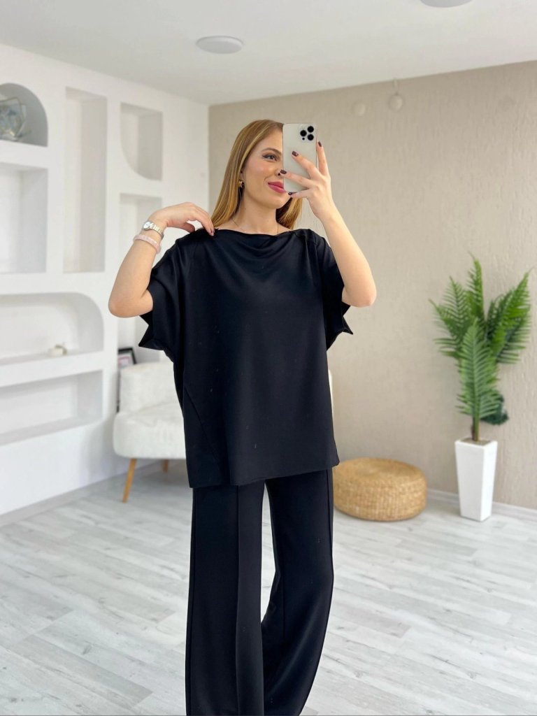 Kadın Kısa Kollu Kayık Yakalı Dikiş Izi Detaylı Viskon Iki Iplik Bluz Ve Pantolon Ikili Takım - Görsel 2