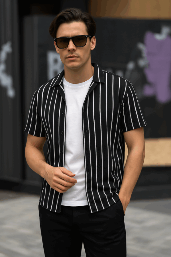 Erkek Kısa Kollu Gri çizgi Desenli örme Kumaş Pamuklu Gömlek