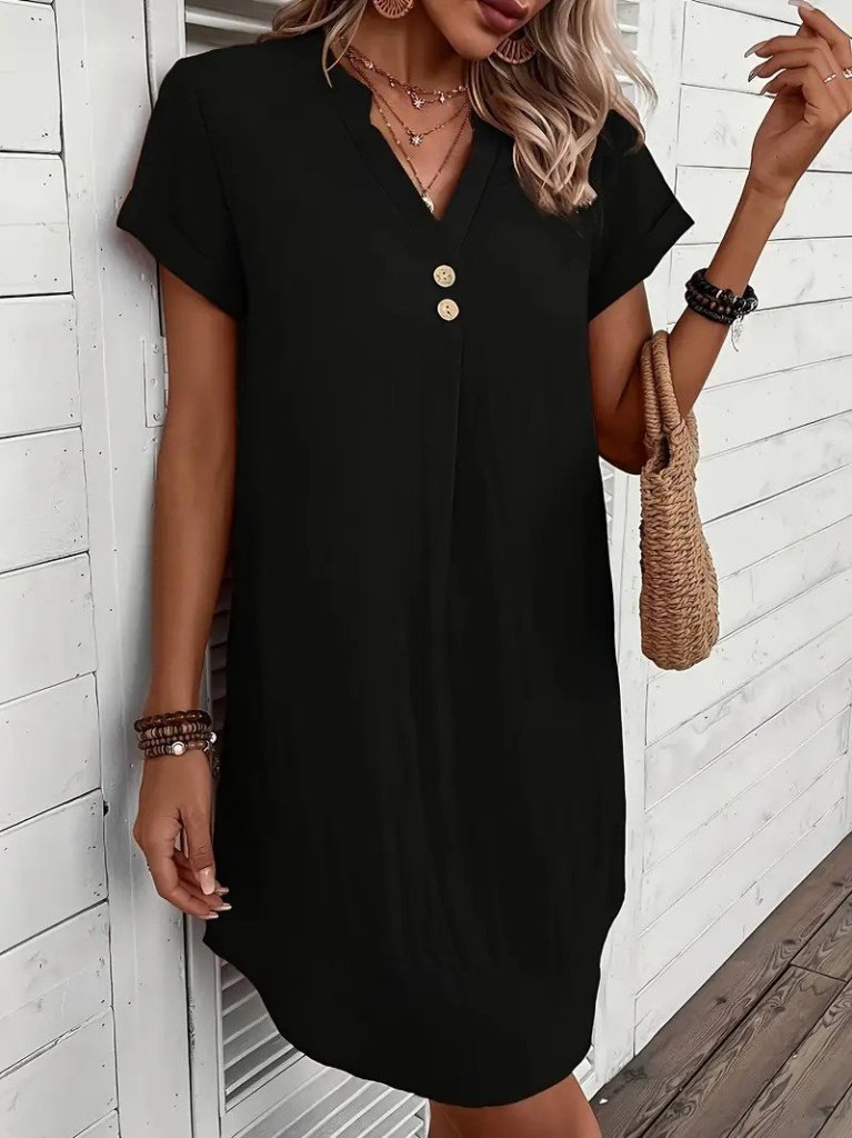 Kadın Kısa Kollu V Yakalı Düğmeli Müslim Kısa Elbise - Görsel 3