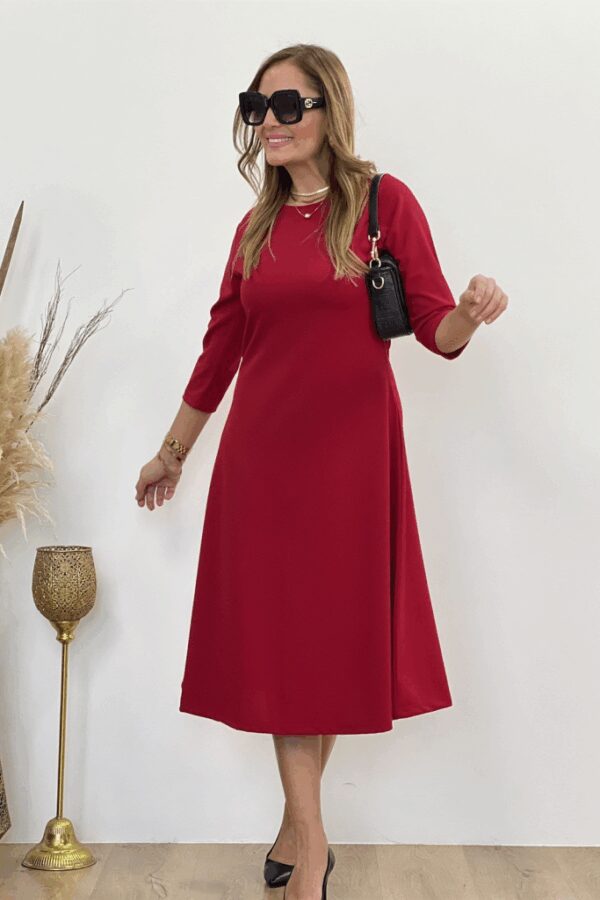 Kadın Uzun Truvakar Kol Bisiklet Yaka Midi Modal Elbise