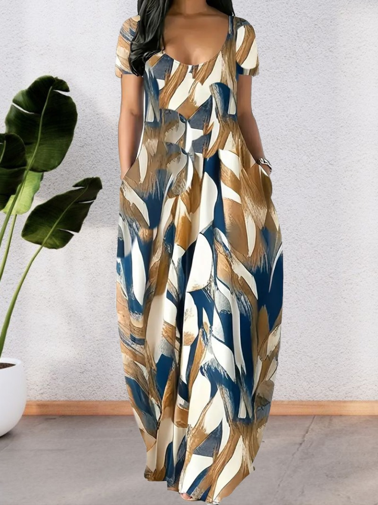 Kadın Kısa Kollu Yuvarlak Yaka Cepli Salaş Baskılı Süprem Elbise - Görsel 5